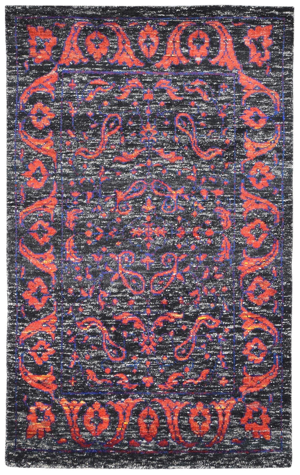 Hand Knotted Black Silk Rug 5' X 8' Modern Bohemian Oriental Room Size Carpet 