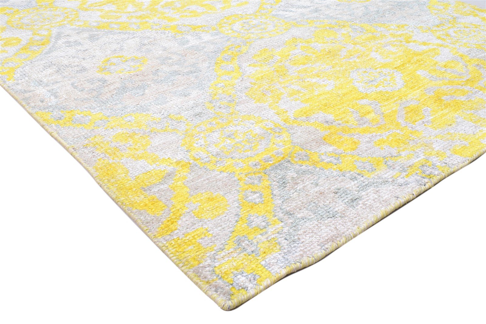 Hand Knotted Gold Silk Rug 5' X 8' Modern Scandinavian Damask Room Size Carpet 