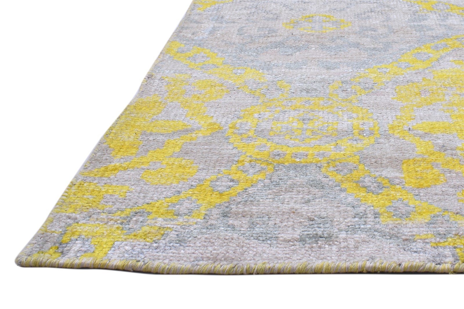 Hand Knotted Gold Silk Rug 5' X 8' Modern Scandinavian Damask Room Size Carpet 