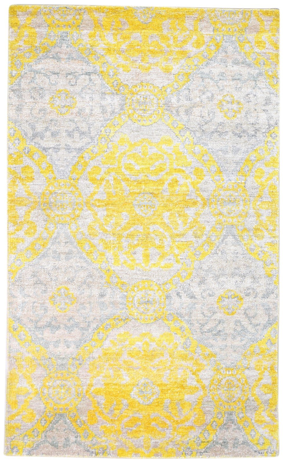 Hand Knotted Gold Silk Rug 5' X 8' Modern Scandinavian Damask Room Size Carpet 