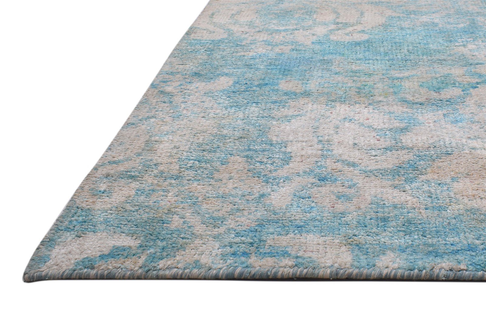 Hand Knotted Blue Silk Rug 5' X 8' Modern Moroccan Damask Room Size Carpet 