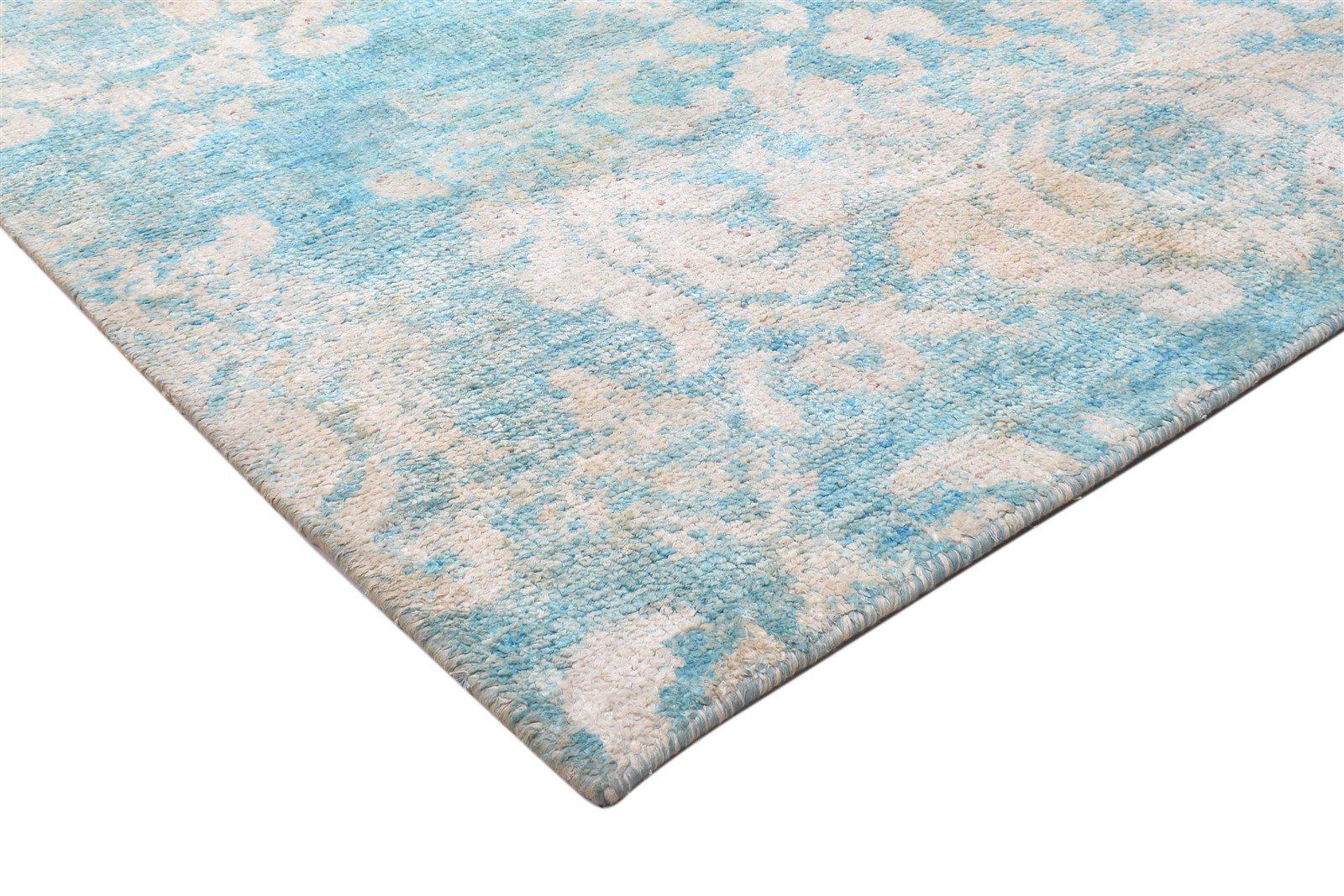 Hand Knotted Blue Silk Rug 5' X 8' Modern Moroccan Damask Room Size Carpet 