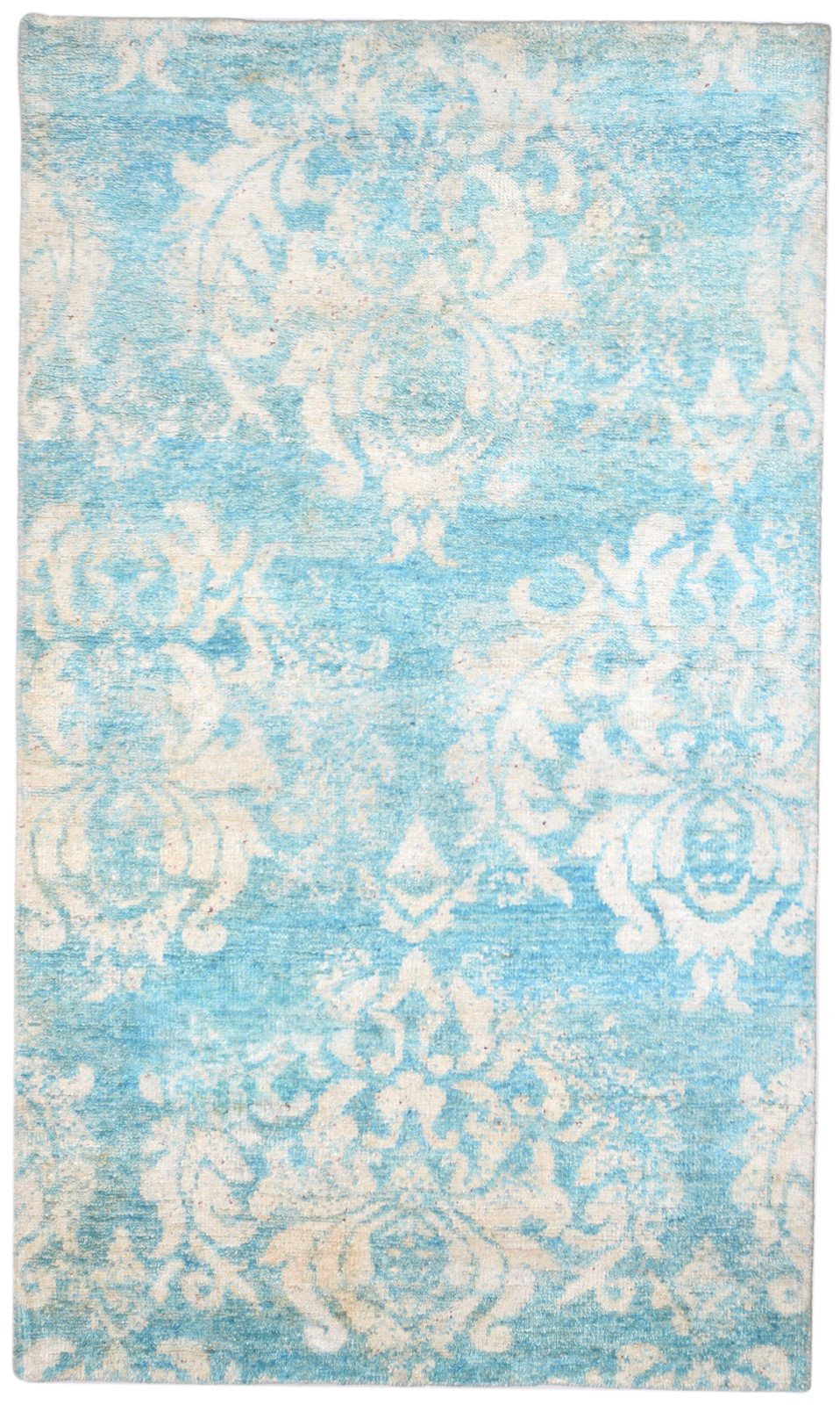 Hand Knotted Blue Silk Rug 5' X 8' Modern Moroccan Damask Room Size Carpet 