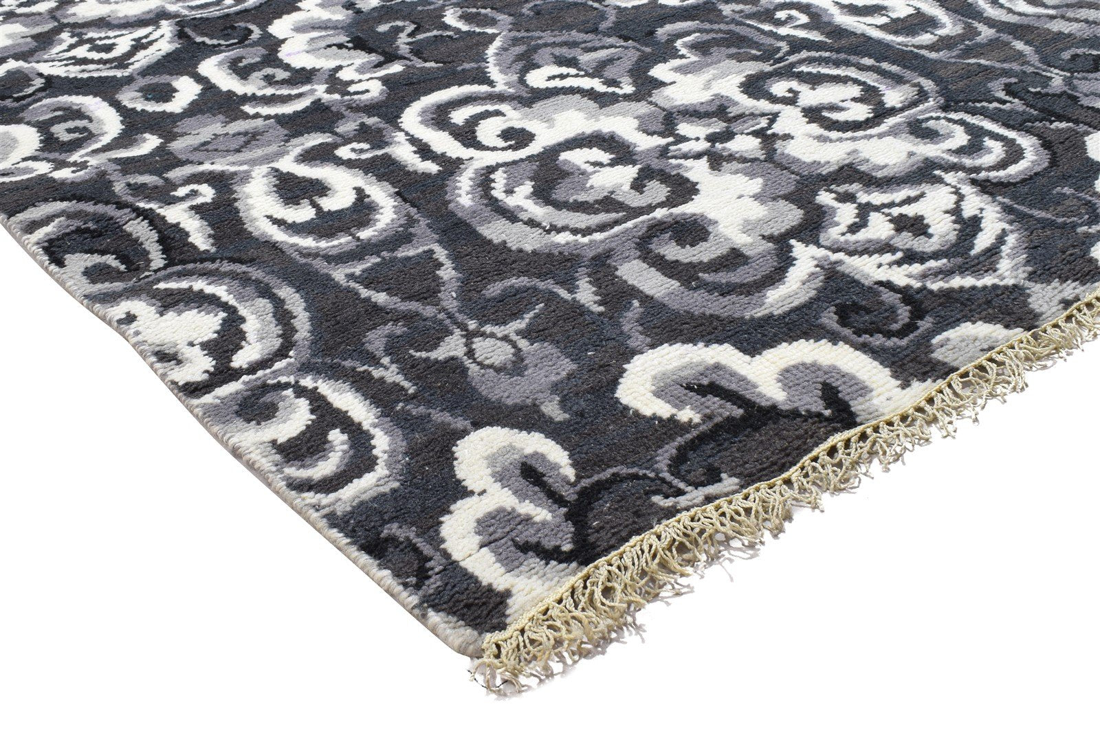 Charcoal Pet Yarn Rug 4X8 Modern Hand Knotted Moroccan Damask Room Size Runner 