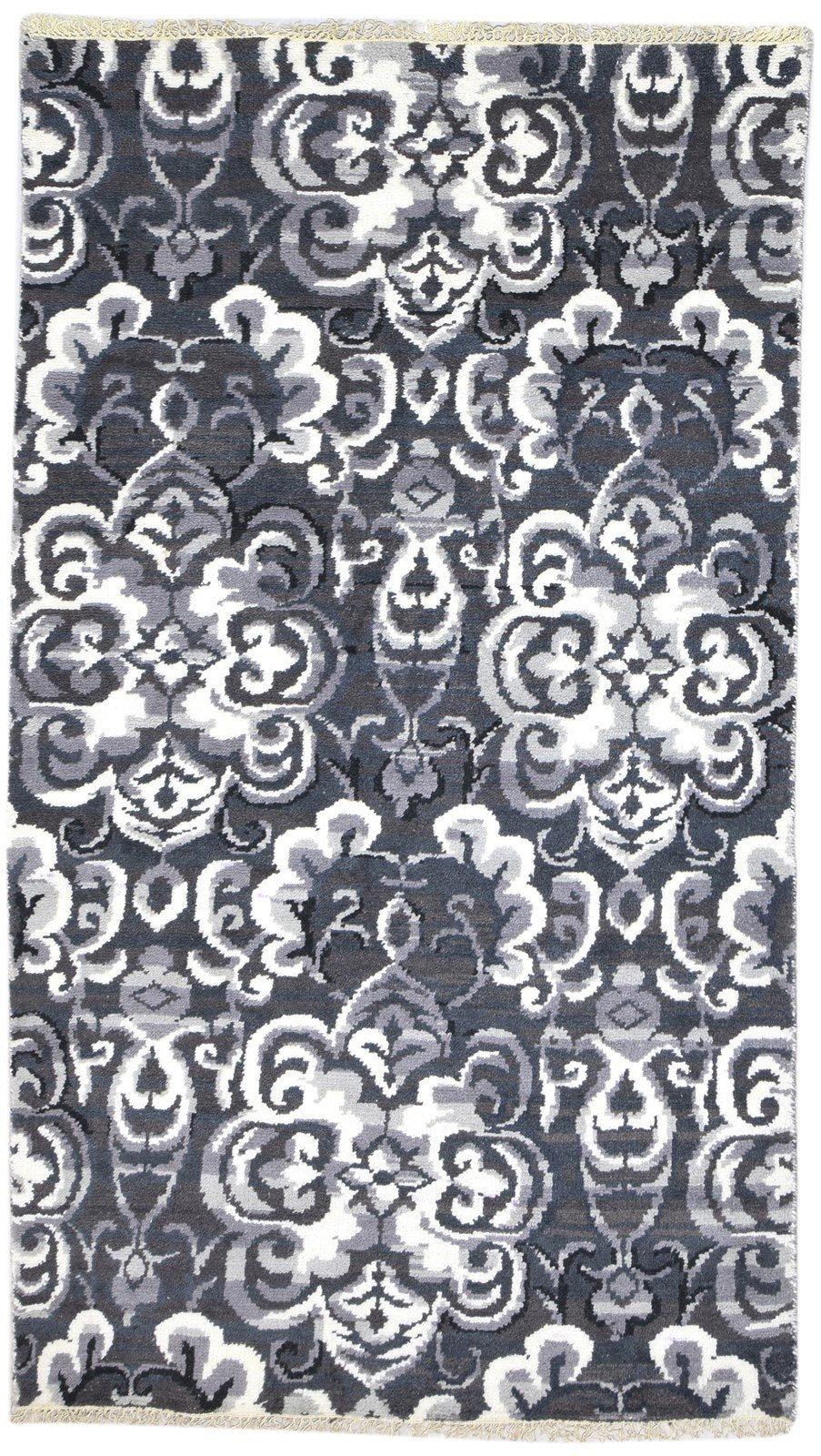 Charcoal Pet Yarn Rug 4X8 Modern Hand Knotted Moroccan Damask Room Size Runner 