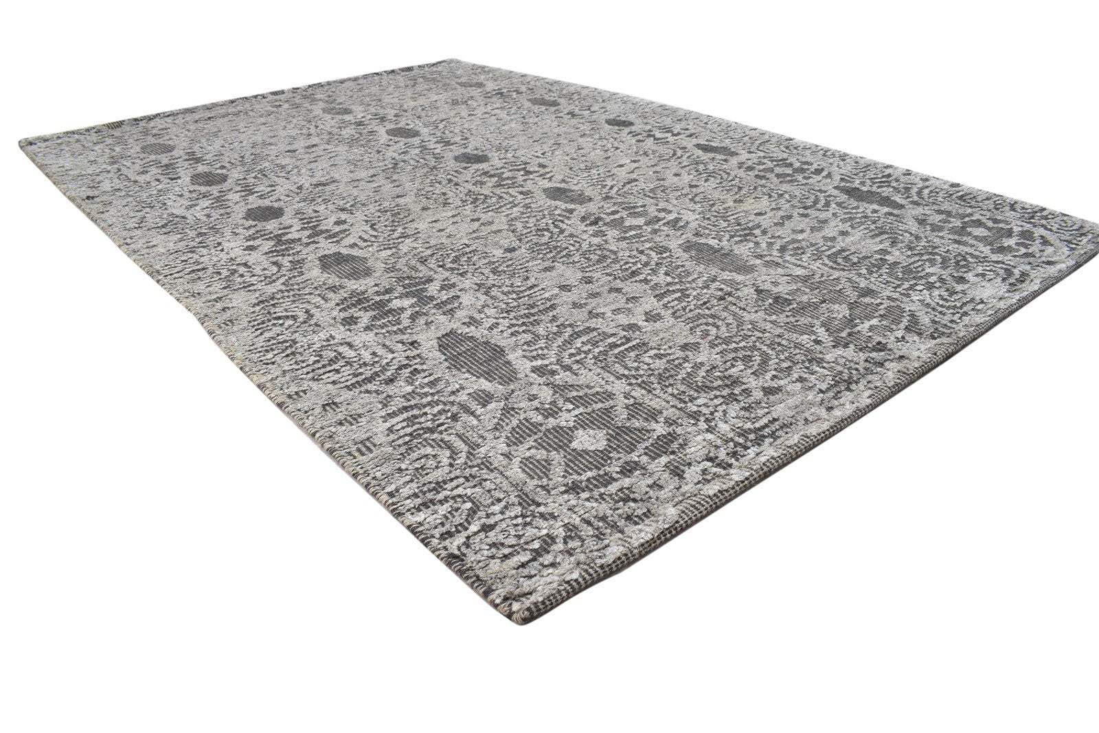 Wool / Silk Grey Rug 5X8 Modern Hand Knotted Moroccan Damask Room Size Carpet 