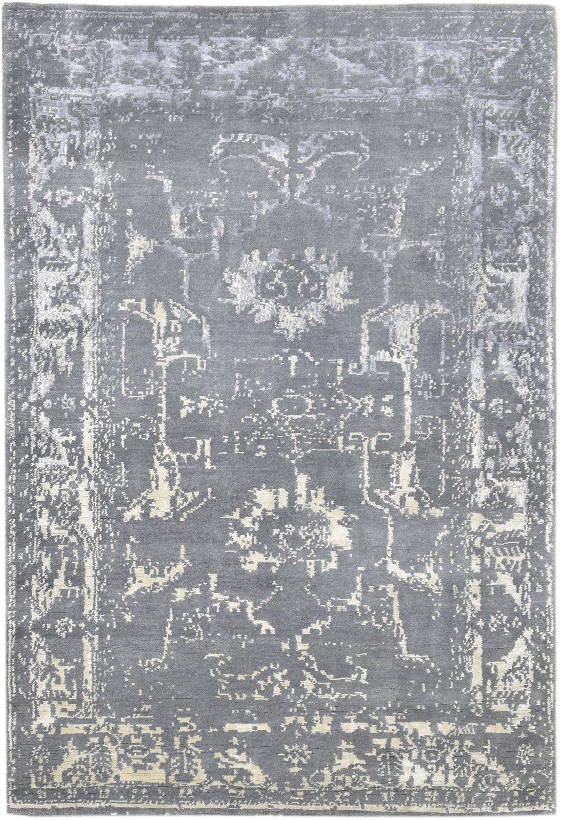 Hand Knotted Grey Wool / Silk Rug 5X7 Modern Oushak Distressed Room Size Carpet 