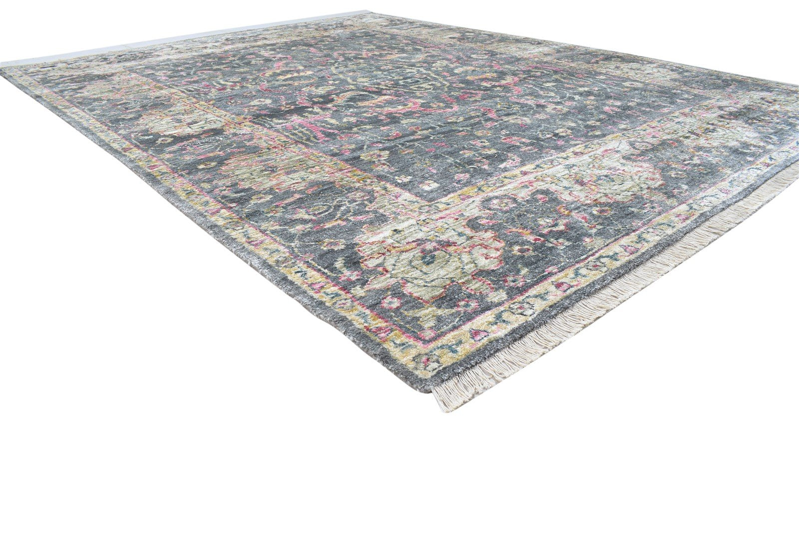 Hand Knotted Charcoal Silk Rug 8' X 10' Modern Bohemian Oriental Large Carpet 