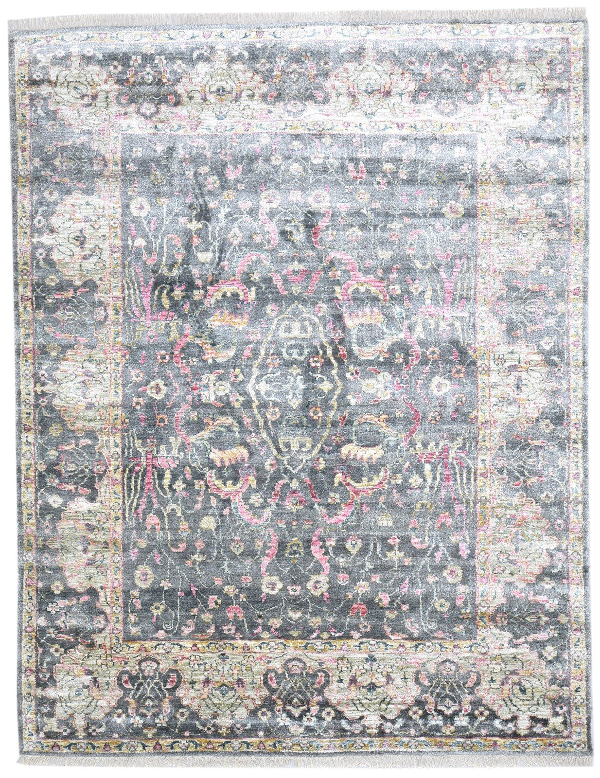 Hand Knotted Charcoal Silk Rug 8' X 10' Modern Bohemian Oriental Large Carpet 