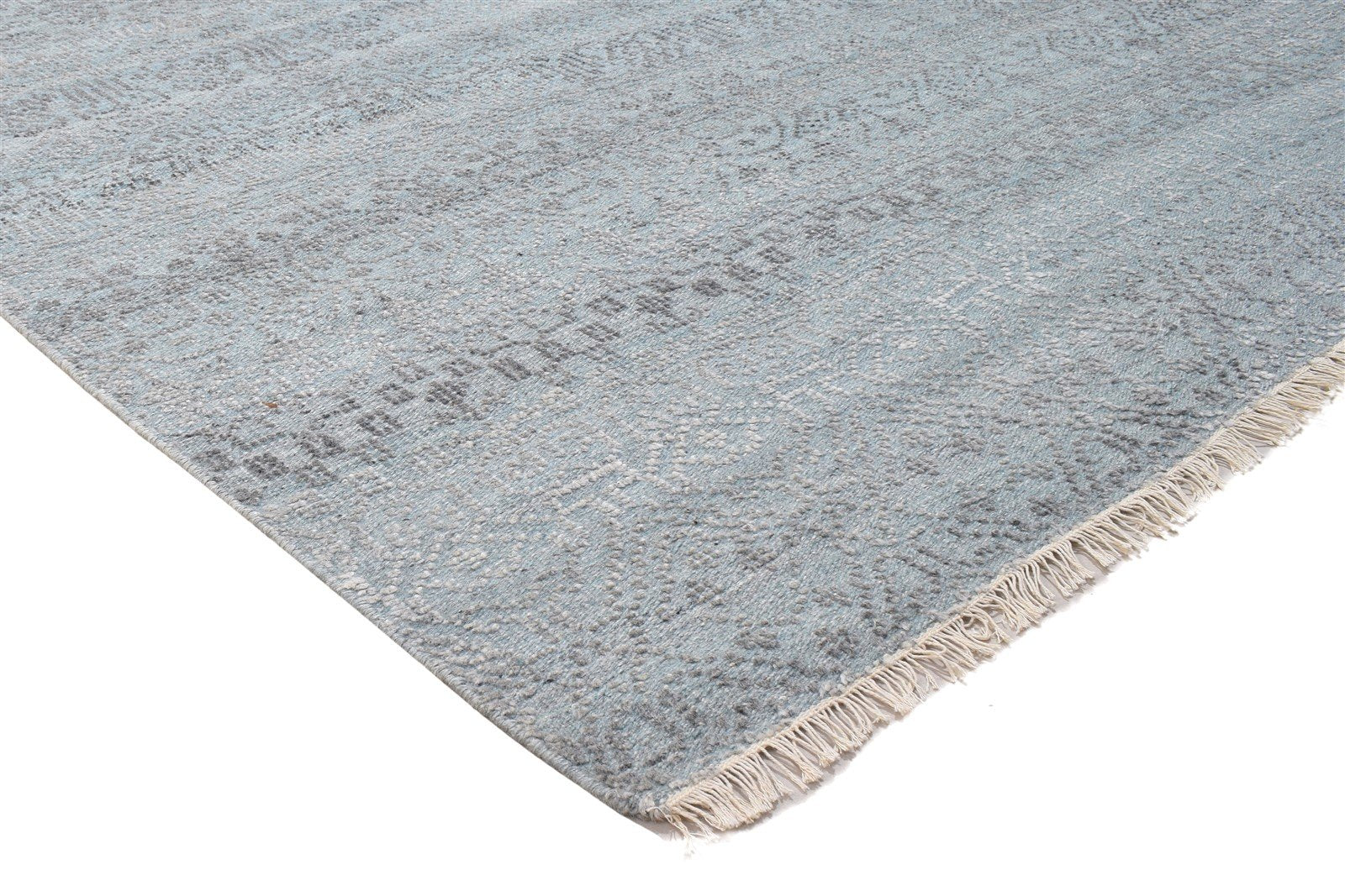 Wool / Silk Blue Rug 8X10 Modern Hand Knotted Scandinavian Trellis Large Carpet 