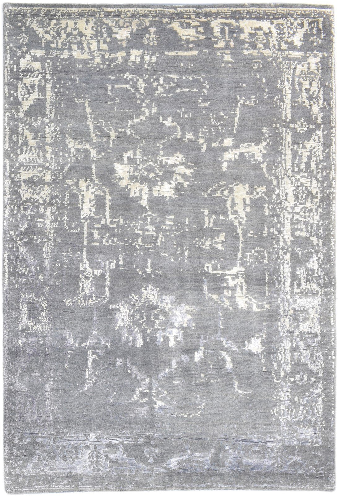 Wool / Silk Grey Rug 4X6 Modern Hand Knotted Oushak Distressed Room Size Carpet 