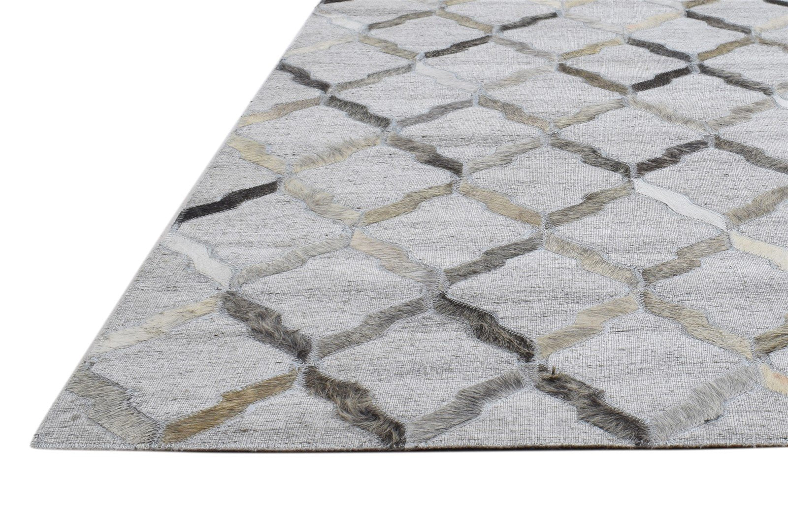 Leather / Cotton Grey Rug 4X6 Modern Hand Woven Scandinavian Geometric Room Size 