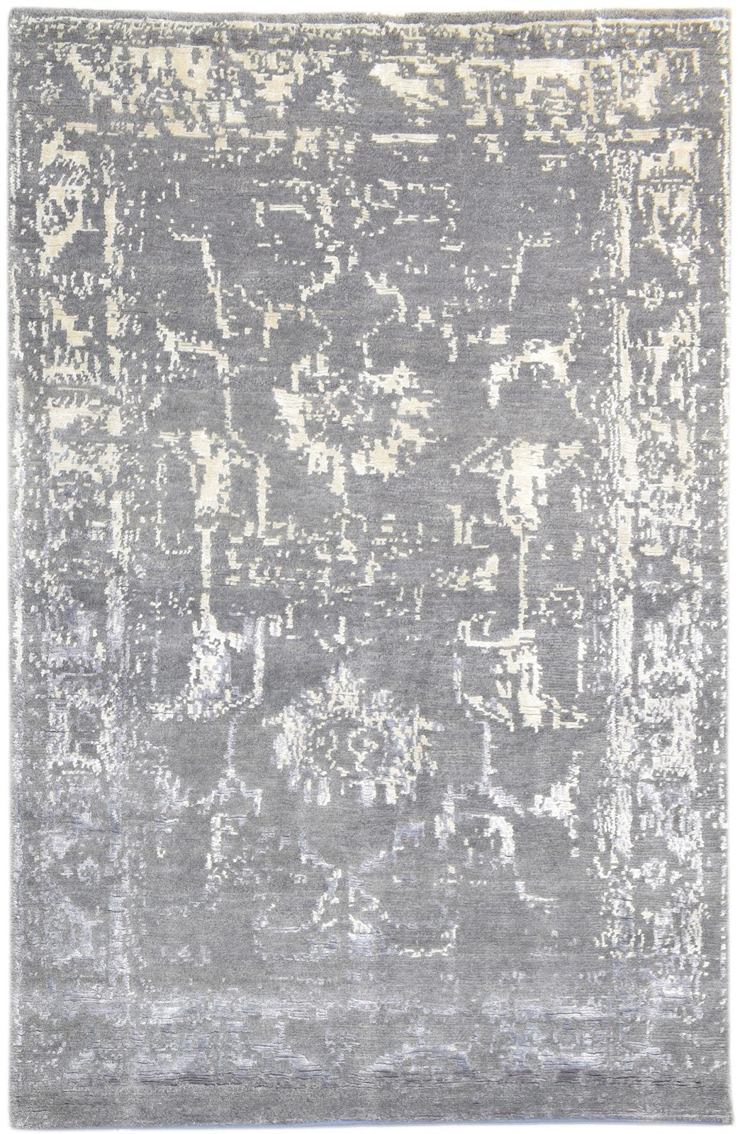 4X6 Rug Wool / Silk Grey Modern Hand Knotted Oushak Distressed Room Size Carpet 