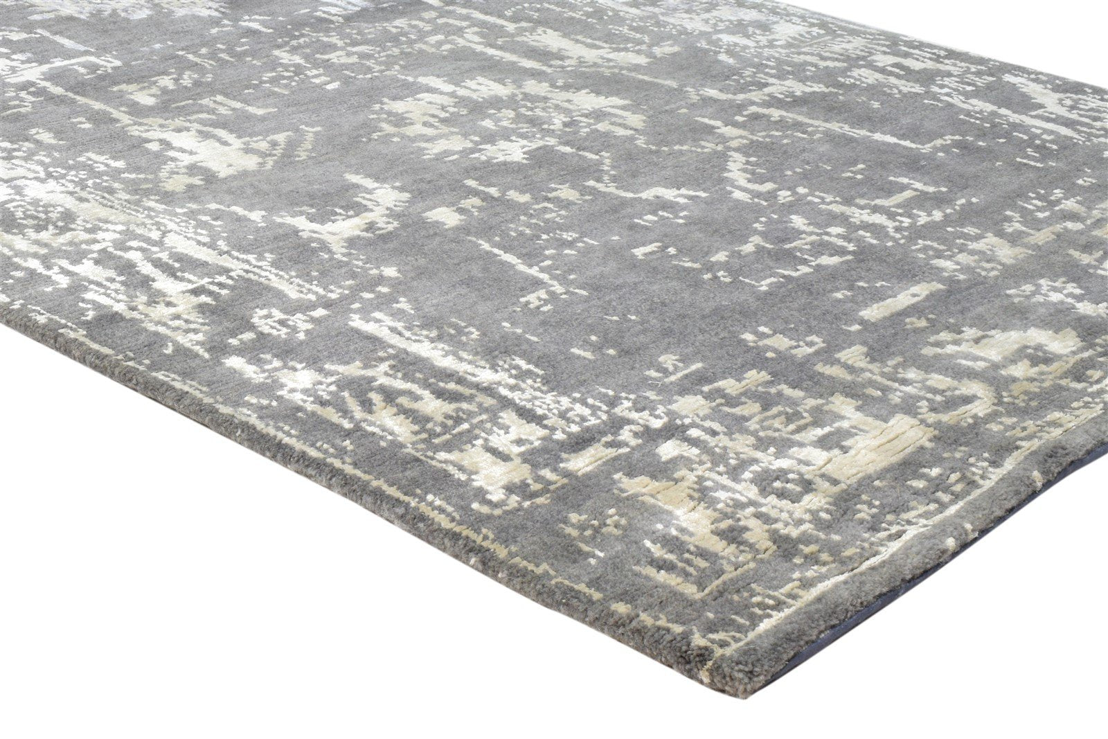 4X6 Rug Wool / Silk Grey Modern Hand Knotted Oushak Distressed Room Size Carpet 