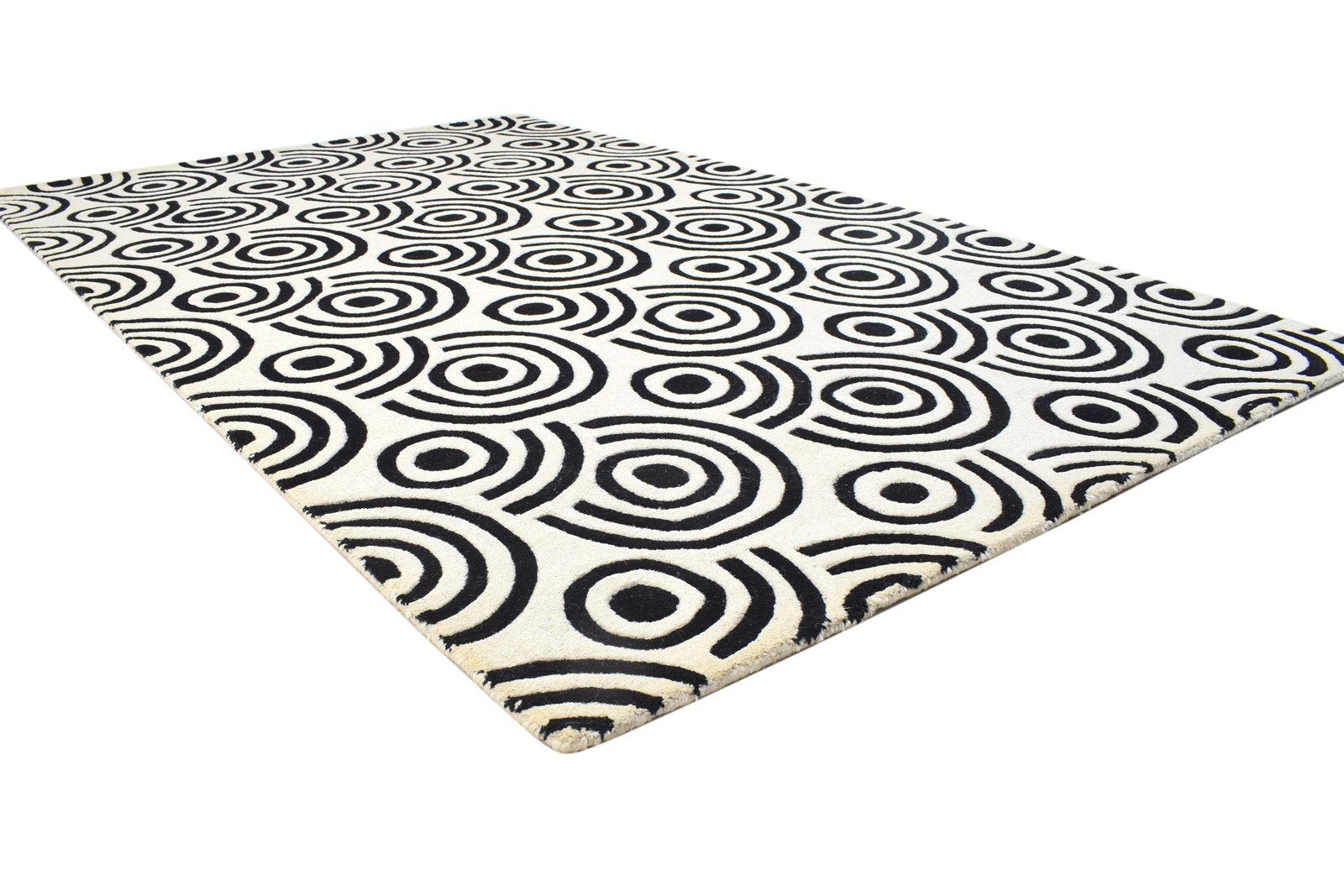 Hand Tufted Black Wool Rug 5' X 8' Modern Scandinavian Circles Room Size Carpet 