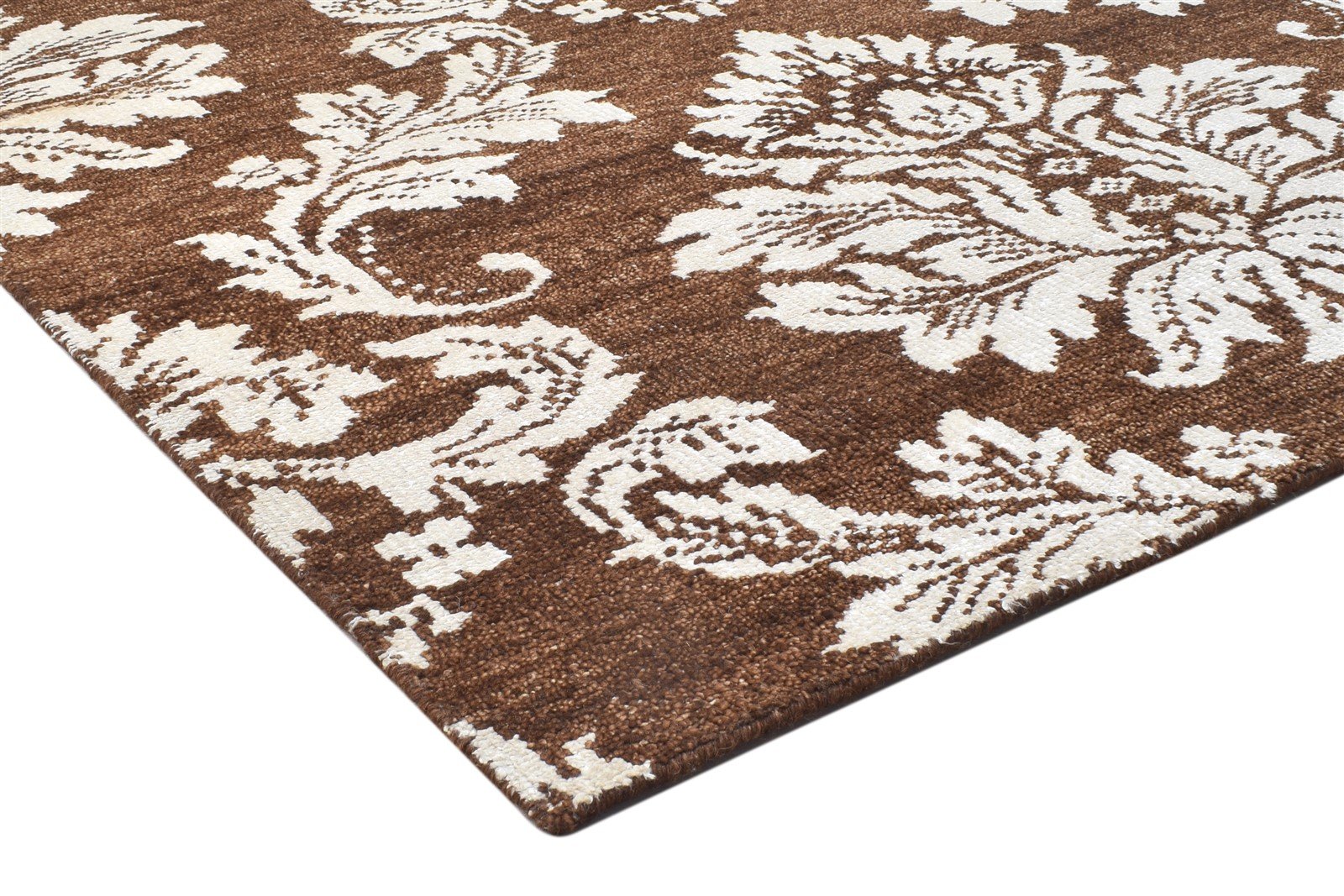 Brown Wool / Silk Rug 5X8 Modern Hand Knotted Indian Damask Room Size Carpet 