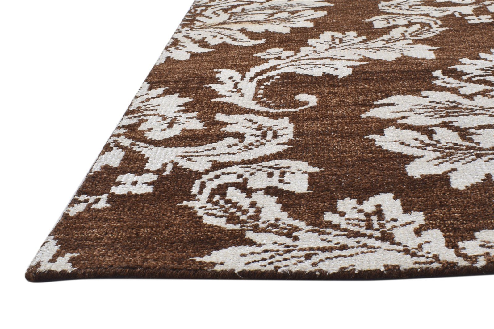 Brown Wool / Silk Rug 5X8 Modern Hand Knotted Indian Damask Room Size Carpet 