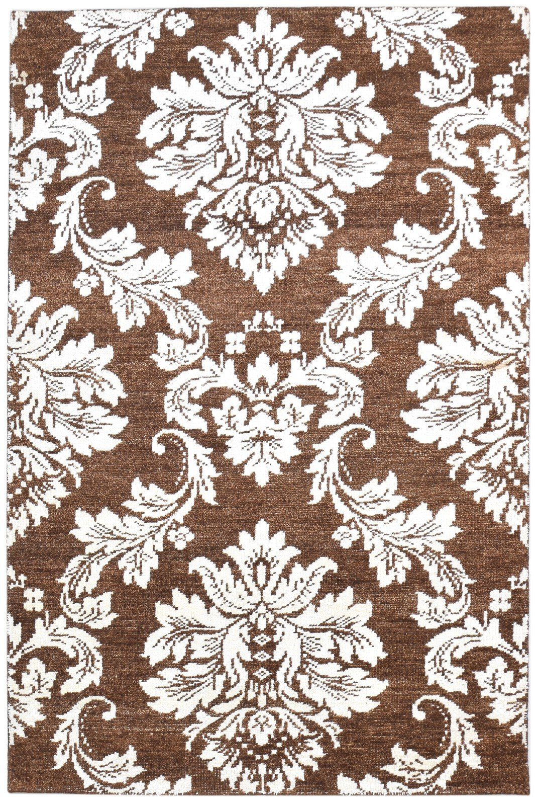 Brown Wool / Silk Rug 5X8 Modern Hand Knotted Indian Damask Room Size Carpet 