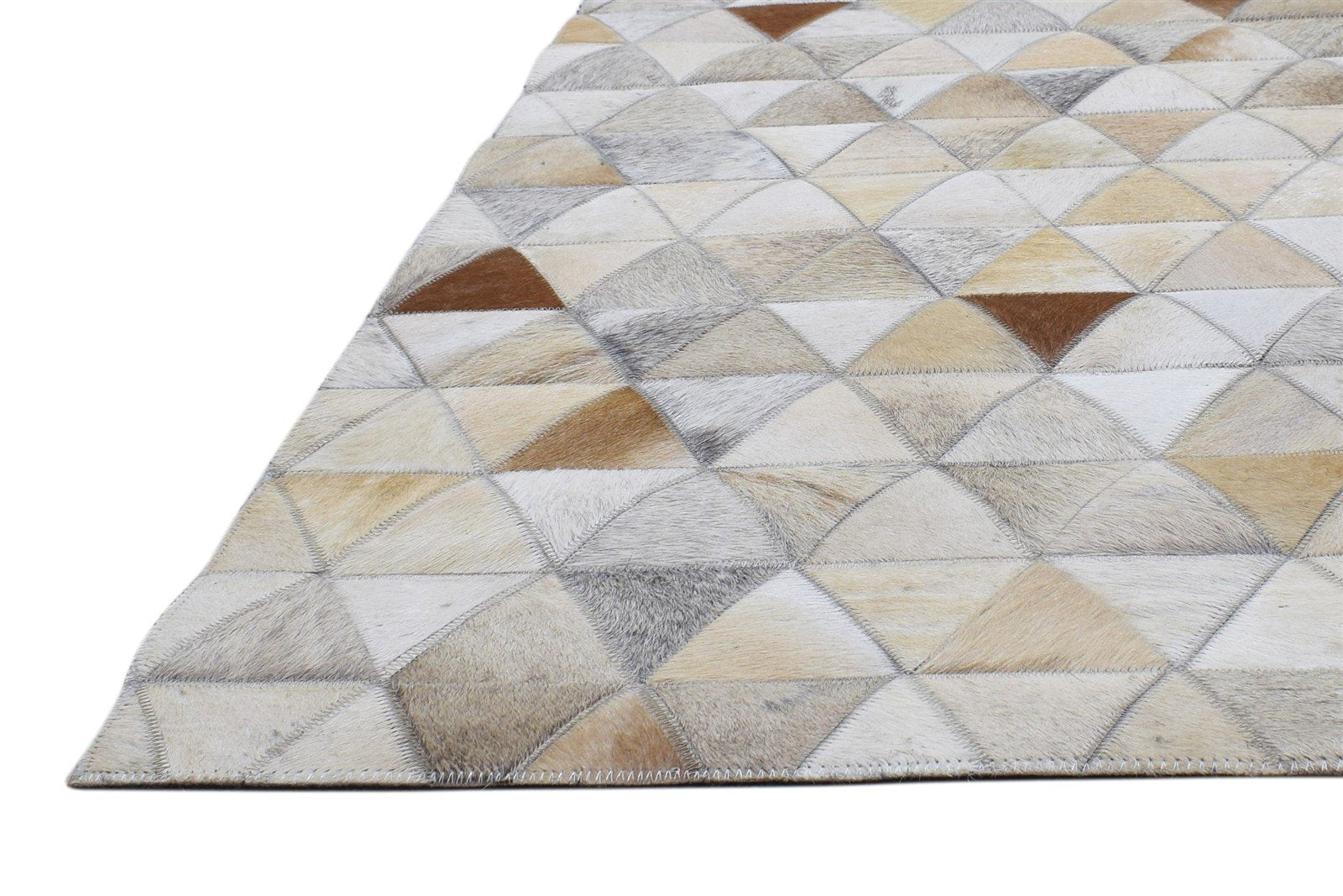 Leather / Cotton Beige Rug 5X8 Modern Hand Woven Triangles Room Size 