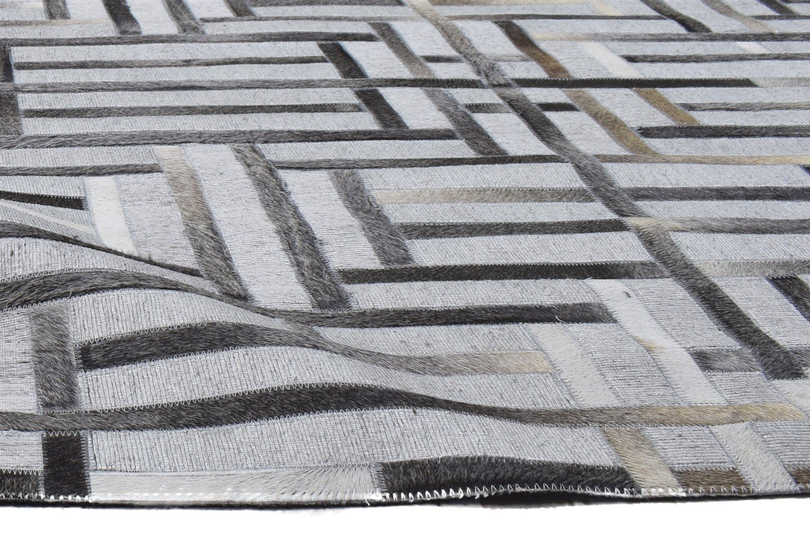 Leather / Cotton Grey Rug 5X8 Modern Hand Woven Scandinavian Geometric Room Size 