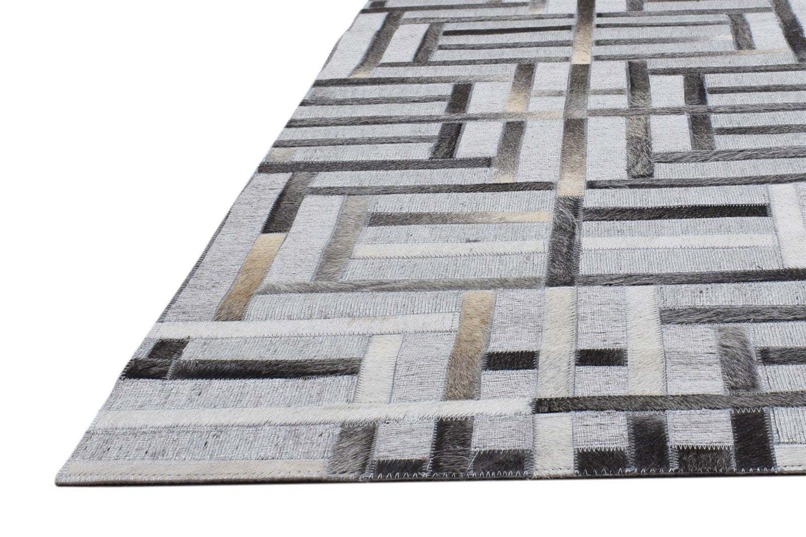 Leather / Cotton Grey Rug 5X8 Modern Hand Woven Scandinavian Geometric Room Size 