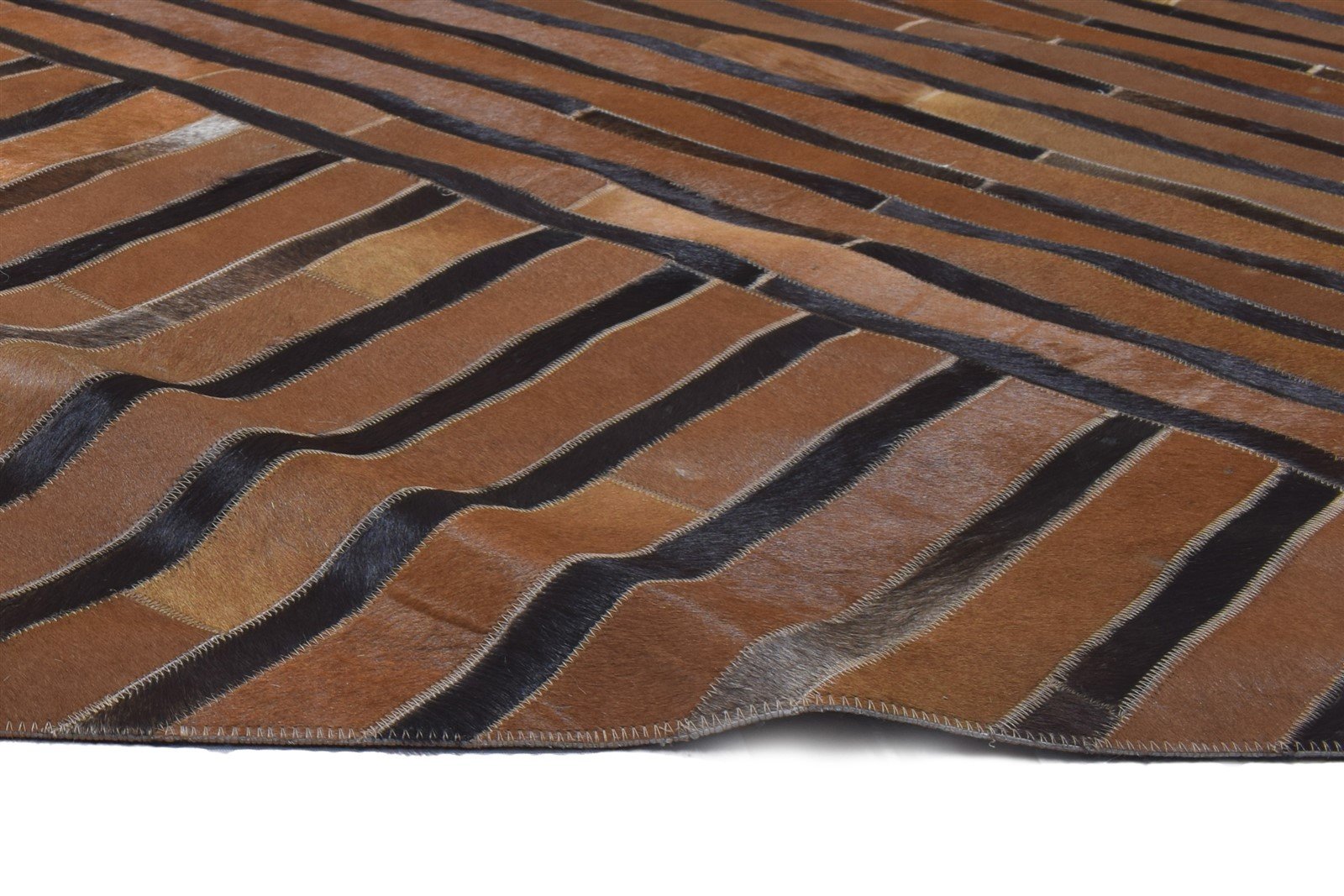 Brown Leather / Cotton Rug 5X8 Modern Hand Woven Scandinavian Striped Room Size 