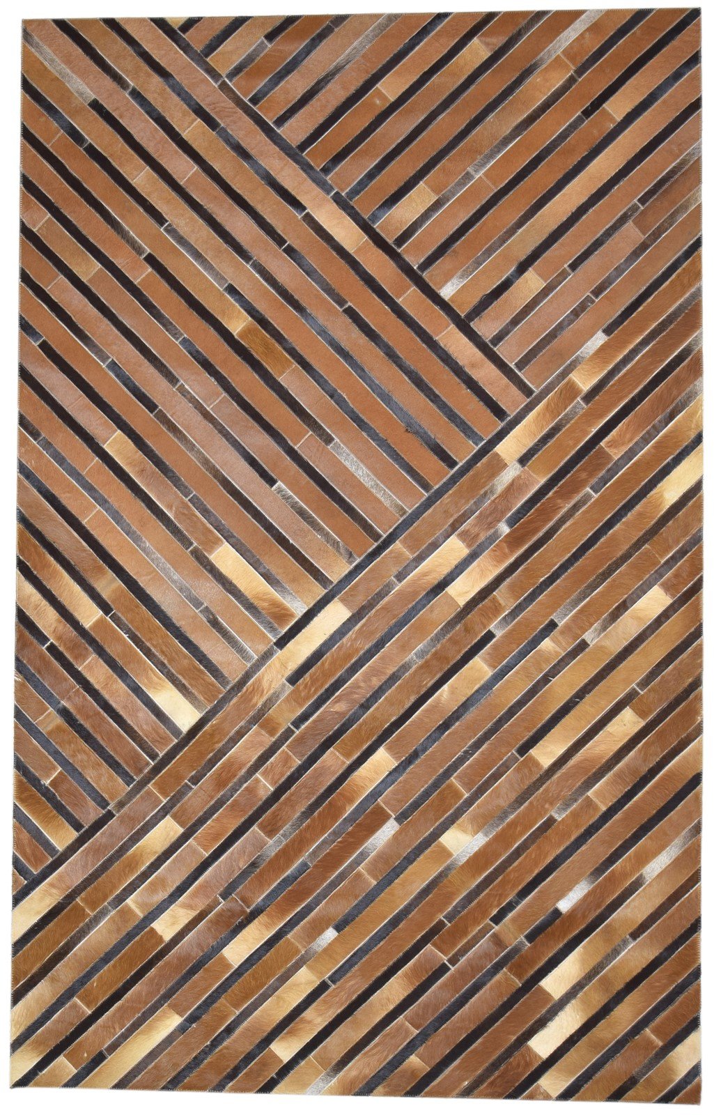 Brown Leather / Cotton Rug 5X8 Modern Hand Woven Scandinavian Striped Room Size 