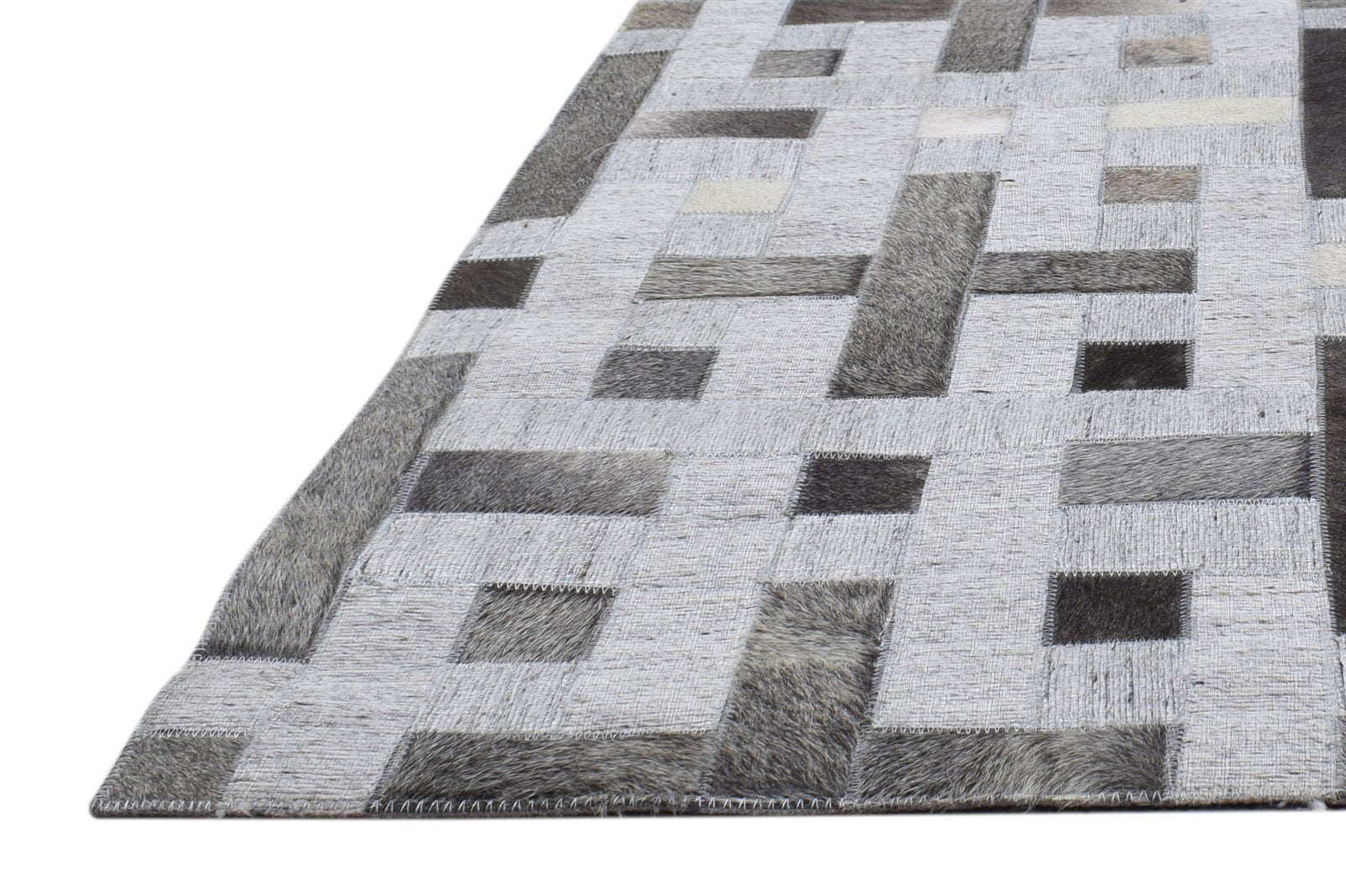 Leather / Cotton Grey Rug 5X8 Modern Hand Woven Scandinavian Geometric Room Size 