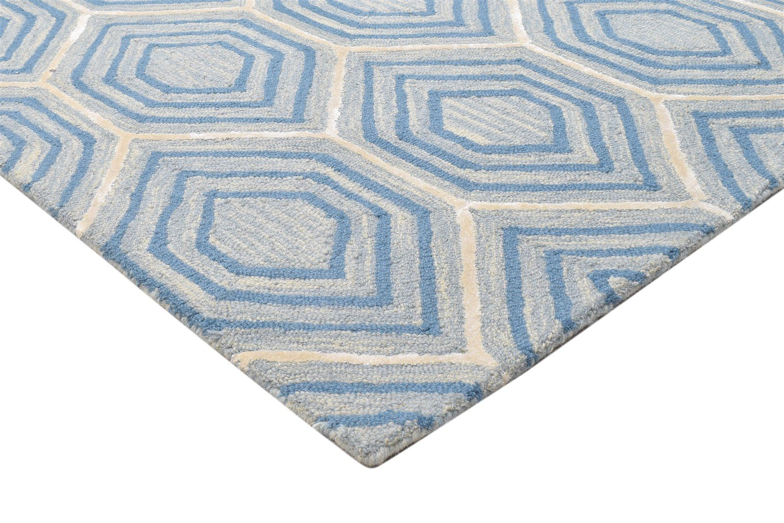 Blue Wool Rug 8' X 10' Modern Hand Tufted Moroccan Honeycomb Large Carpet 