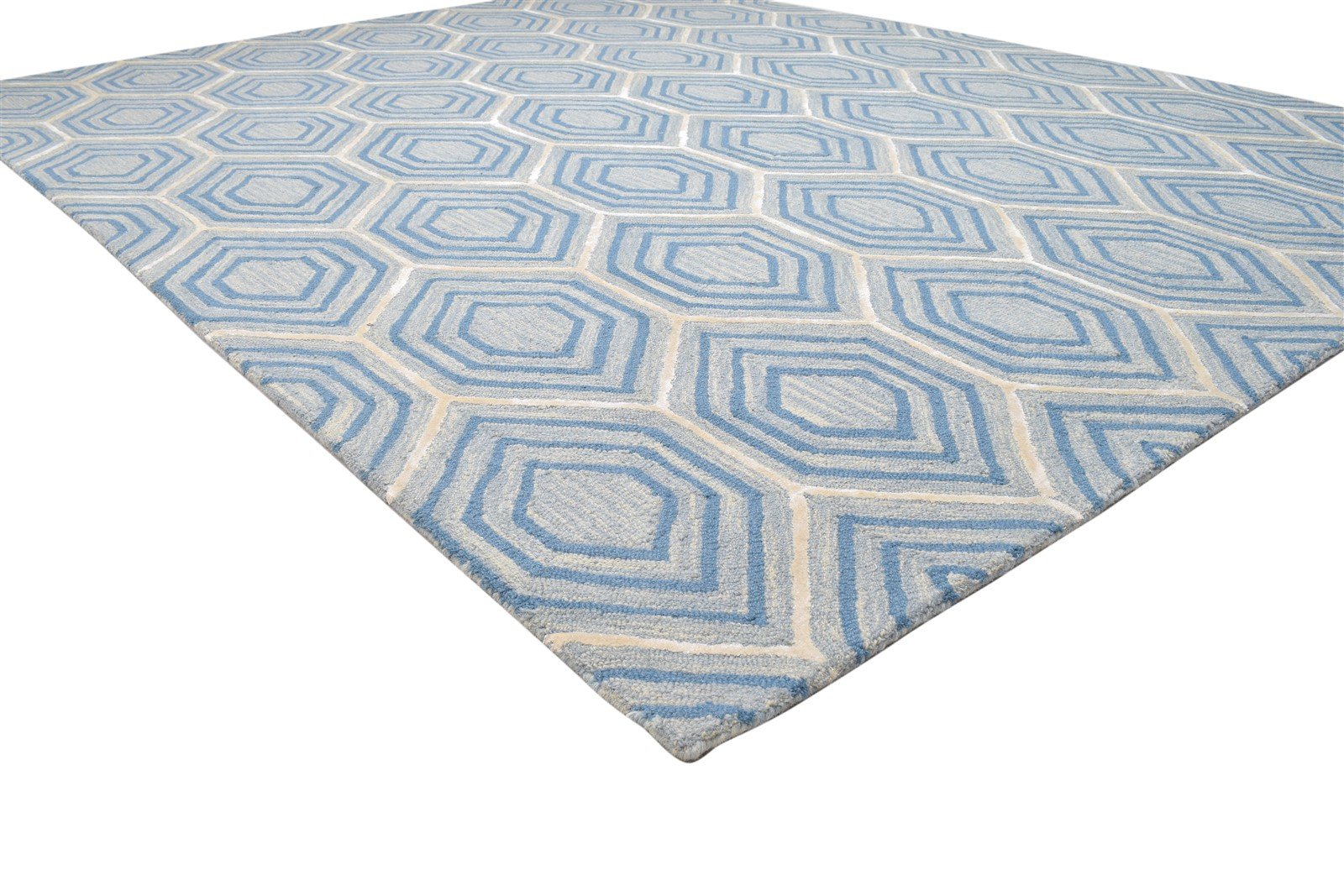 Blue Wool Rug 8' X 10' Modern Hand Tufted Moroccan Honeycomb Large Carpet 