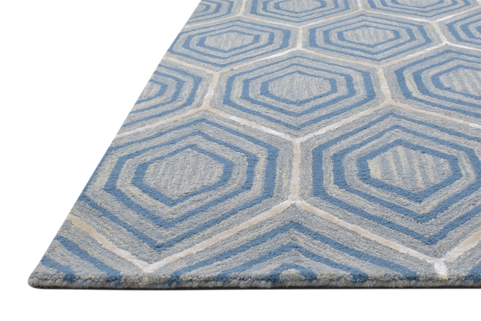 Blue Wool Rug 8' X 10' Modern Hand Tufted Moroccan Honeycomb Large Carpet 