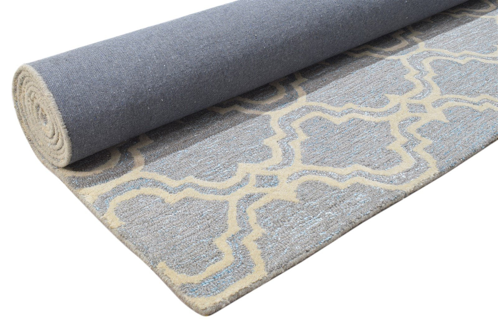 Wool Blue Rug 8' X 10' Modern Hand Tufted Moroccan Scroll Tile Large Carpet 