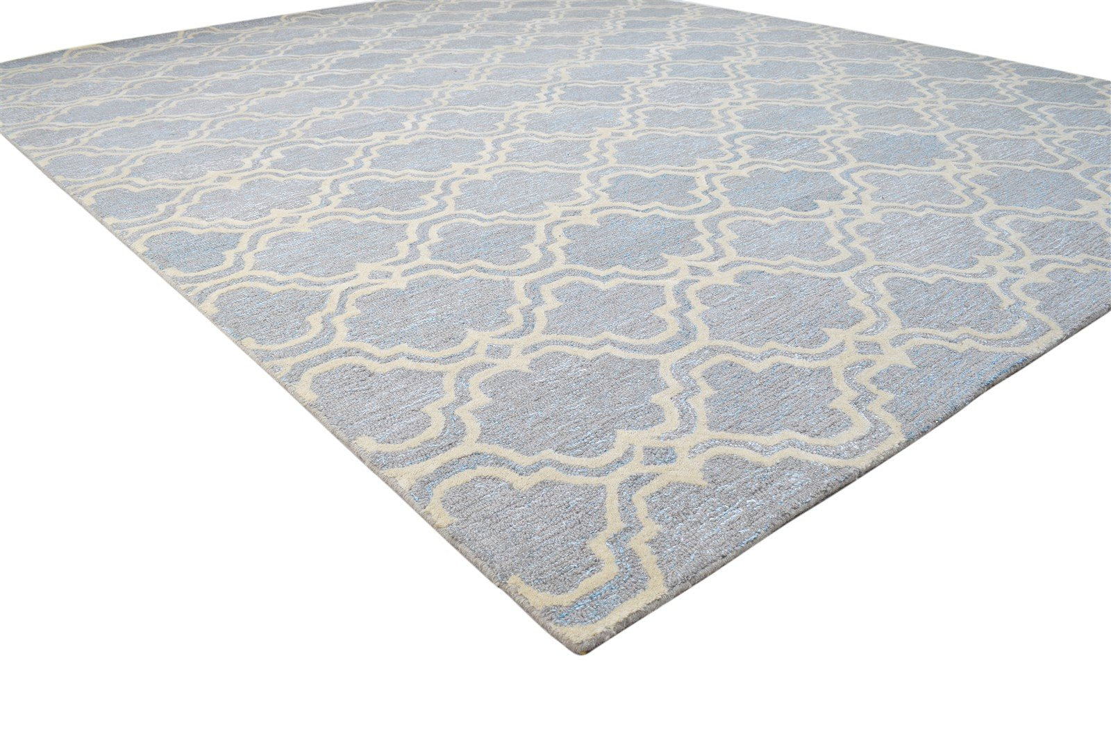 Wool Blue Rug 8' X 10' Modern Hand Tufted Moroccan Scroll Tile Large Carpet 