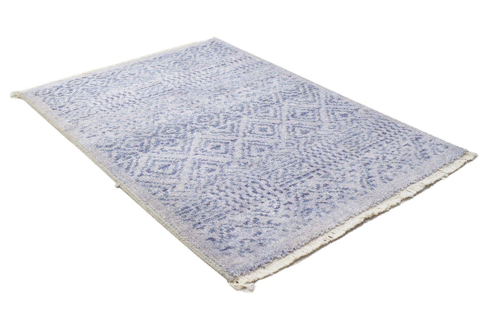 Hand Knotted Blue Wool / Silk Rug 2X3 Modern Scandinavian Trellis Small Carpet 