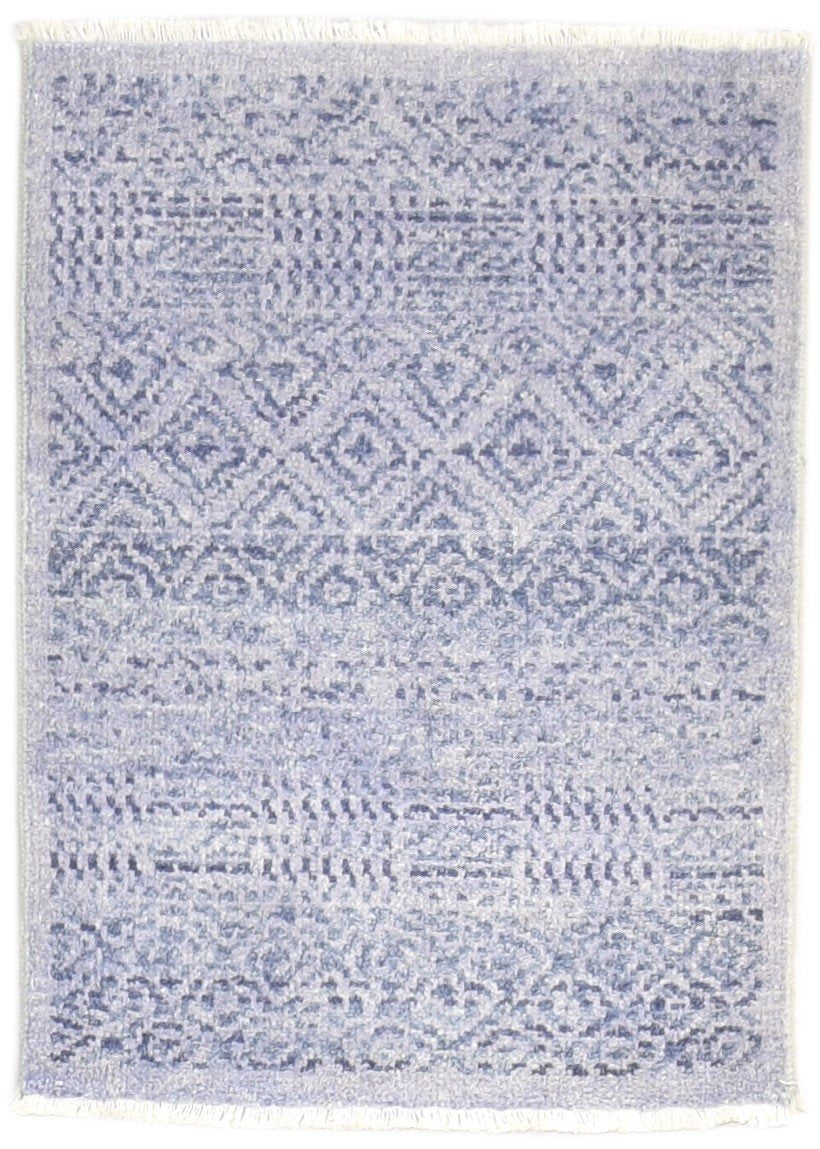 Hand Knotted Blue Wool / Silk Rug 2X3 Modern Scandinavian Trellis Small Carpet 