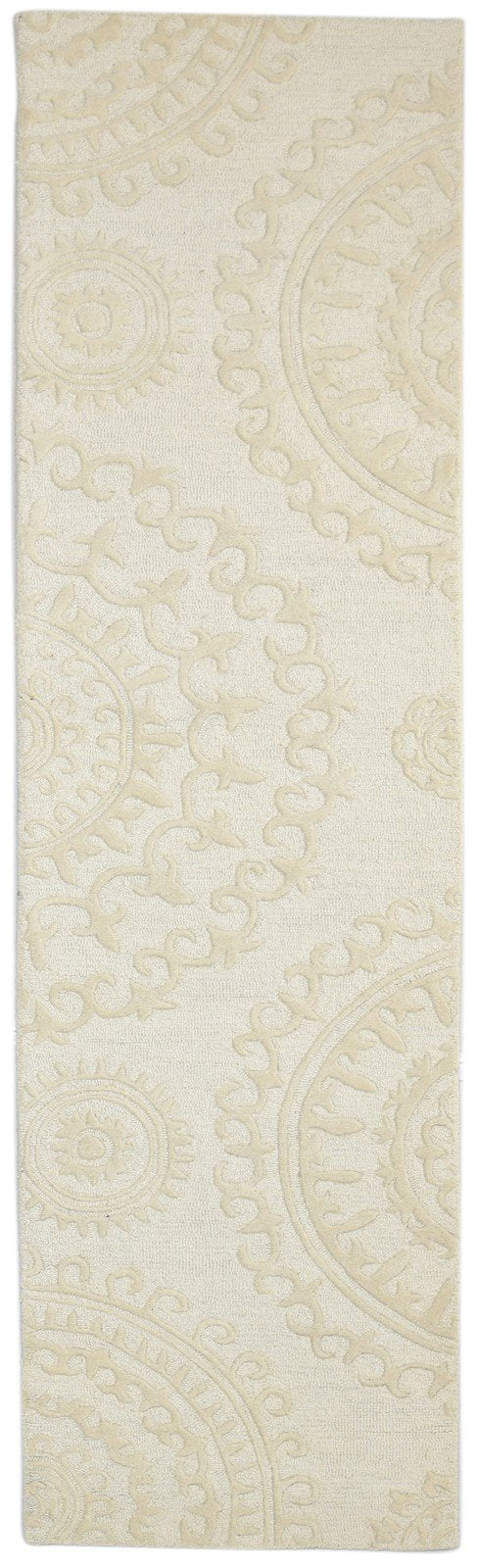 Hand Tufted Beige Wool Rug 2' X 8' Modern French Circles Small Runner 