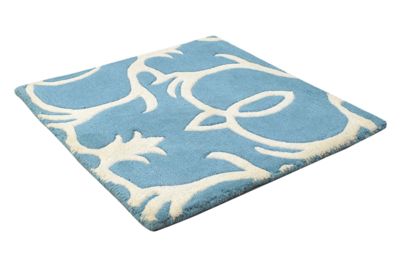 2' X 2' Rug Wool Blue Modern Hand Tufted Moroccan Floral Small Carpet  Area Rug 