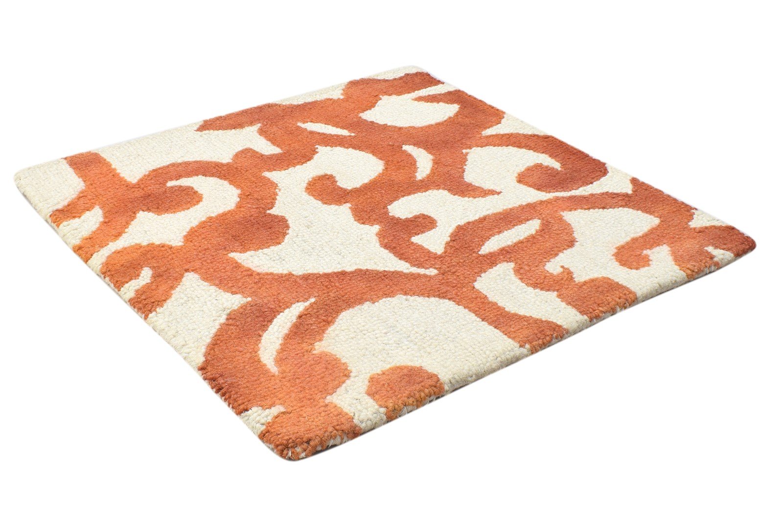 100% Wool Orange Rug 2' X 2' Modern Hand Tufted Moroccan Floral Small Square 