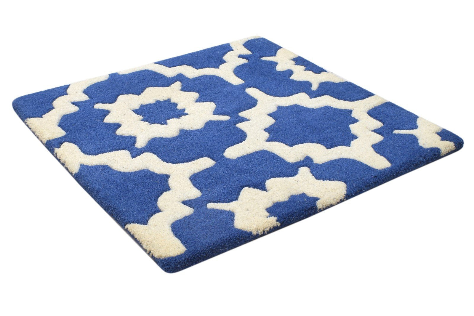 Wool Blue Rug 2' X 2' Modern Hand Tufted Moroccan Trellis Small Carpet 