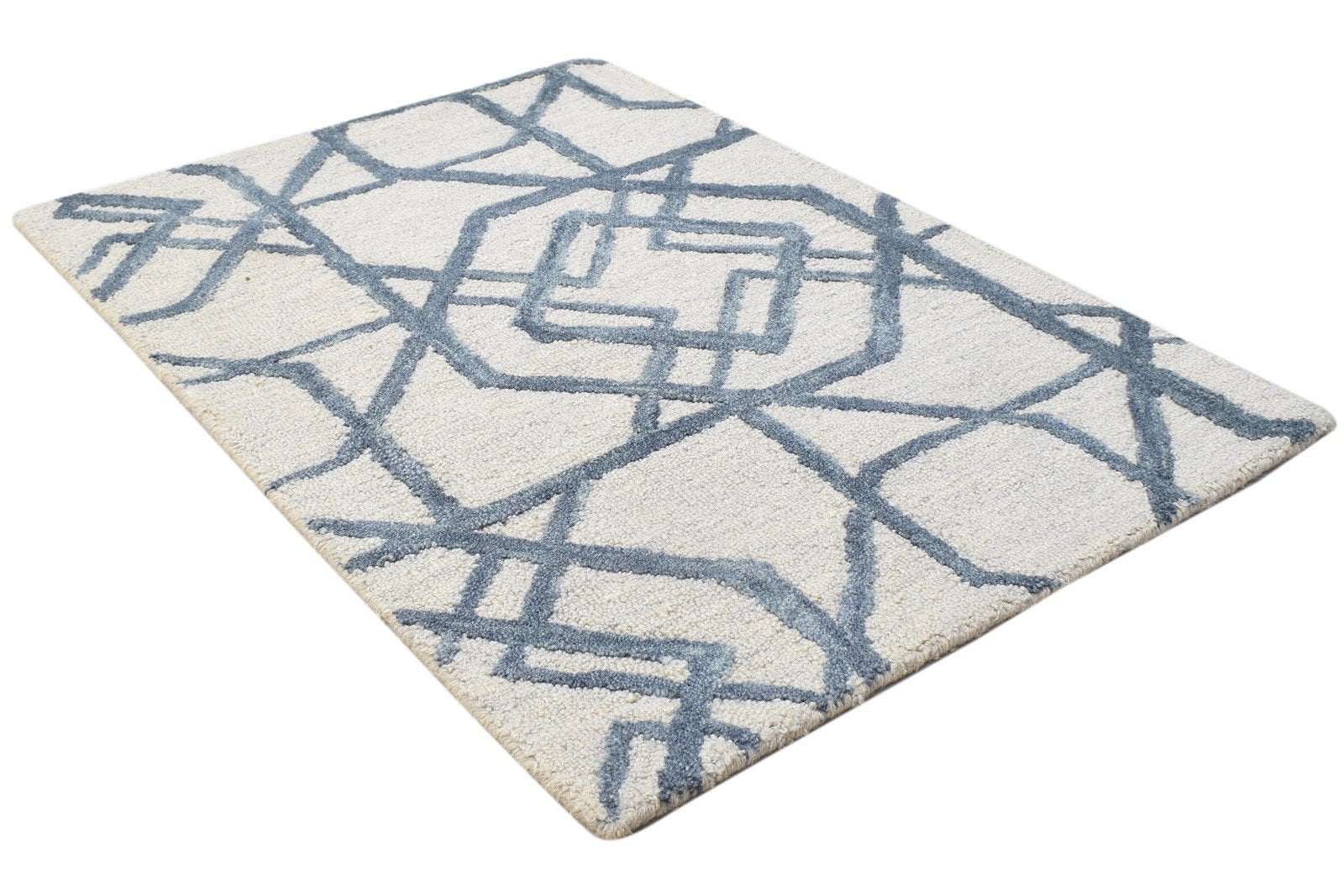 Hand Tufted Ivory Wool Rug 2' X 3' Modern Scandinavian Geometric Small Carpet 