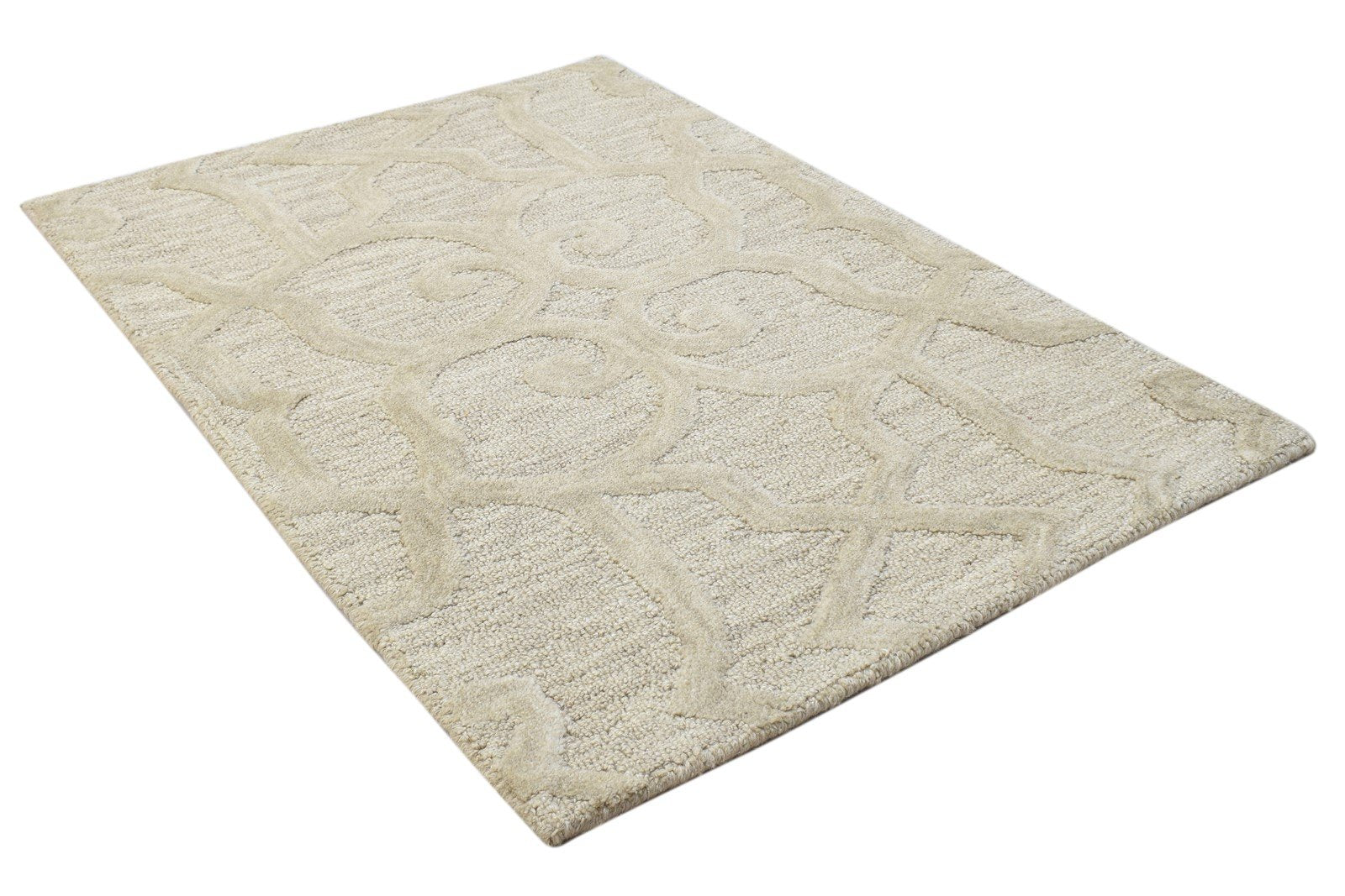 Beige Wool Rug 2' X 3' Modern Hand Tufted Moroccan Trellis Small Carpet 