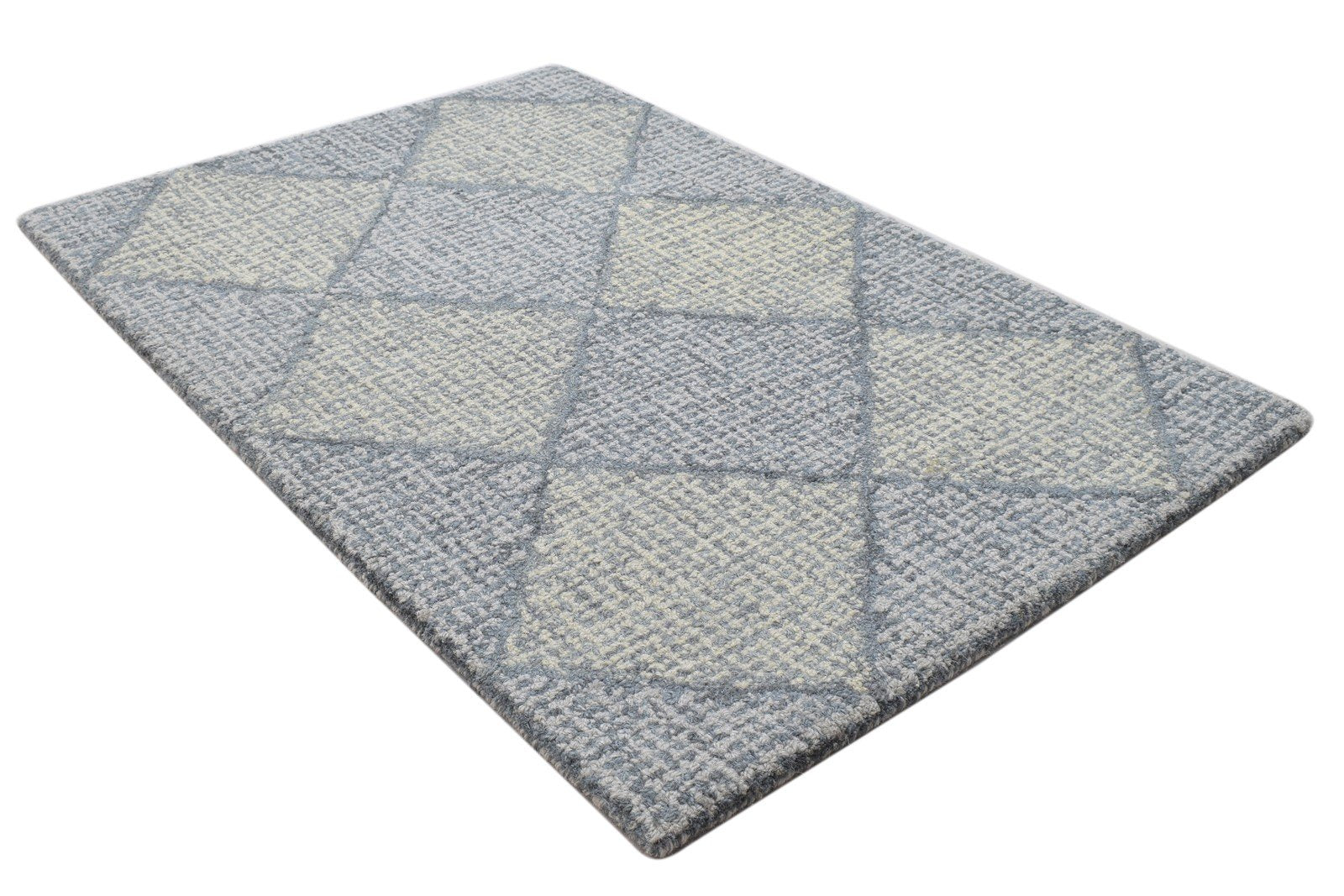 Hand Tufted Grey Wool Rug 2' X 3' Modern Scandinavian Diamond Small Carpet 