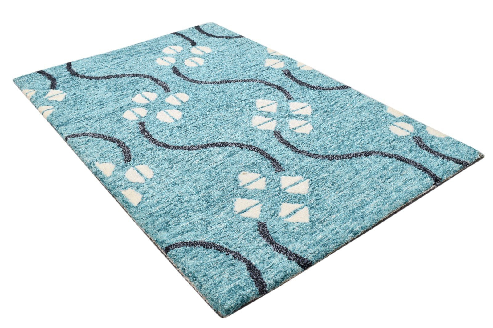 Blue Wool Rug 2' X 3' Modern Hand Tufted French Trellis Small Carpet 