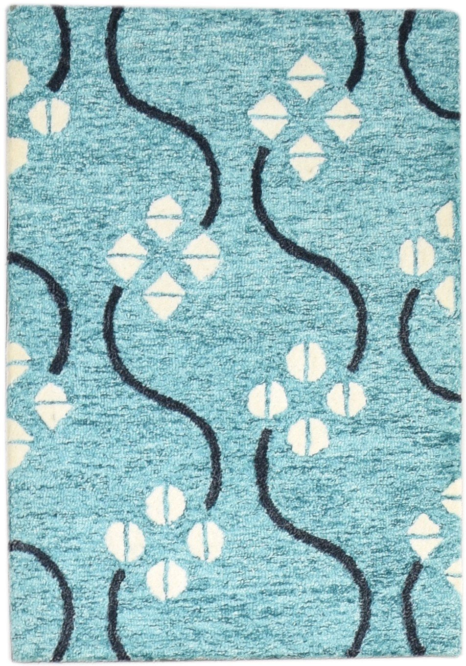 Blue Wool Rug 2' X 3' Modern Hand Tufted French Trellis Small Carpet 