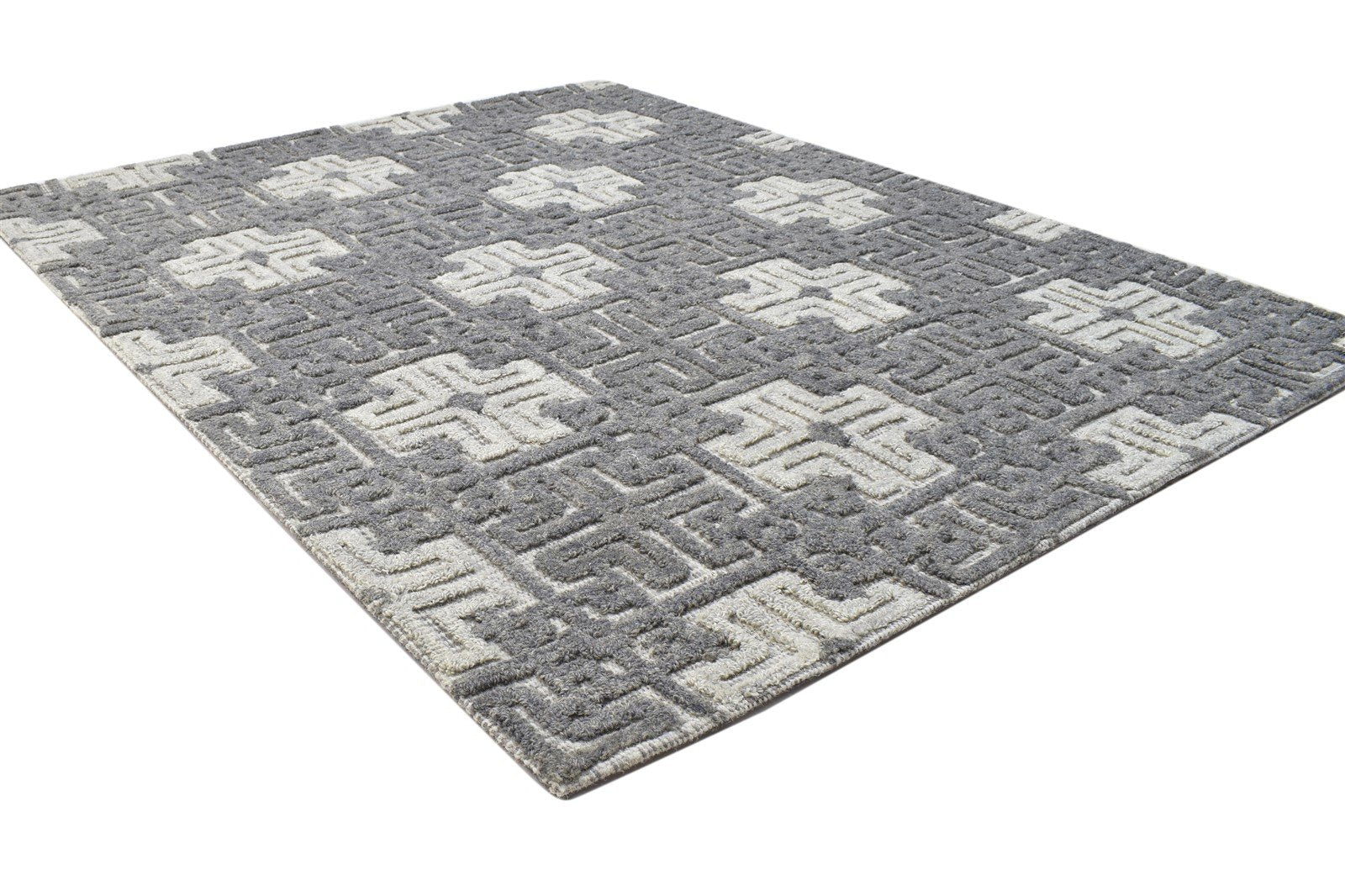 Wool Grey Rug 4' X 5' Modern Hand Tufted Scandinavian Trellis Room Size Carpet 