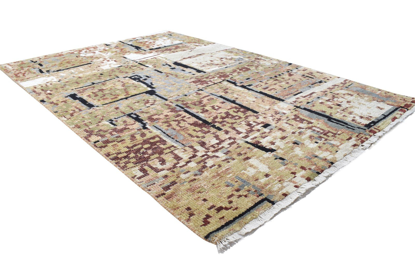 Hand Knotted Sage Wool Rug 4' X 6' Modern Indian Abstract Room Size Carpet 