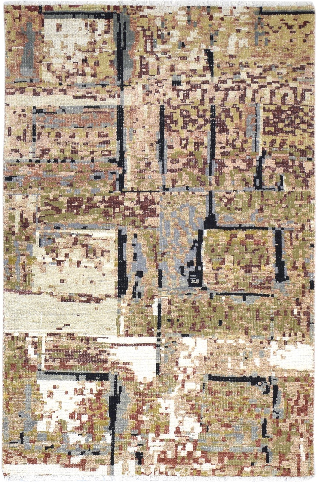 Hand Knotted Sage Wool Rug 4' X 6' Modern Indian Abstract Room Size Carpet  Area Rug 