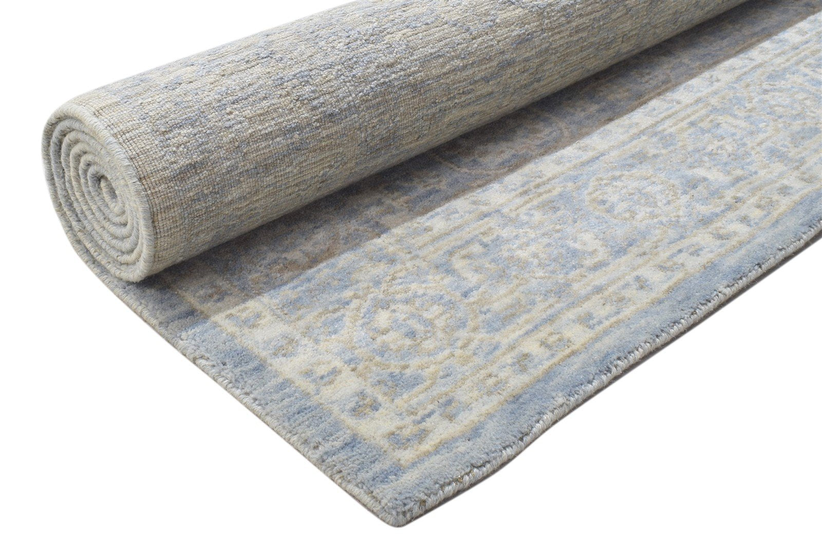 Jacquard Loom Blue Wool Silk Rug 5X8 Modern Oushak Oriental Room Size Carpet 