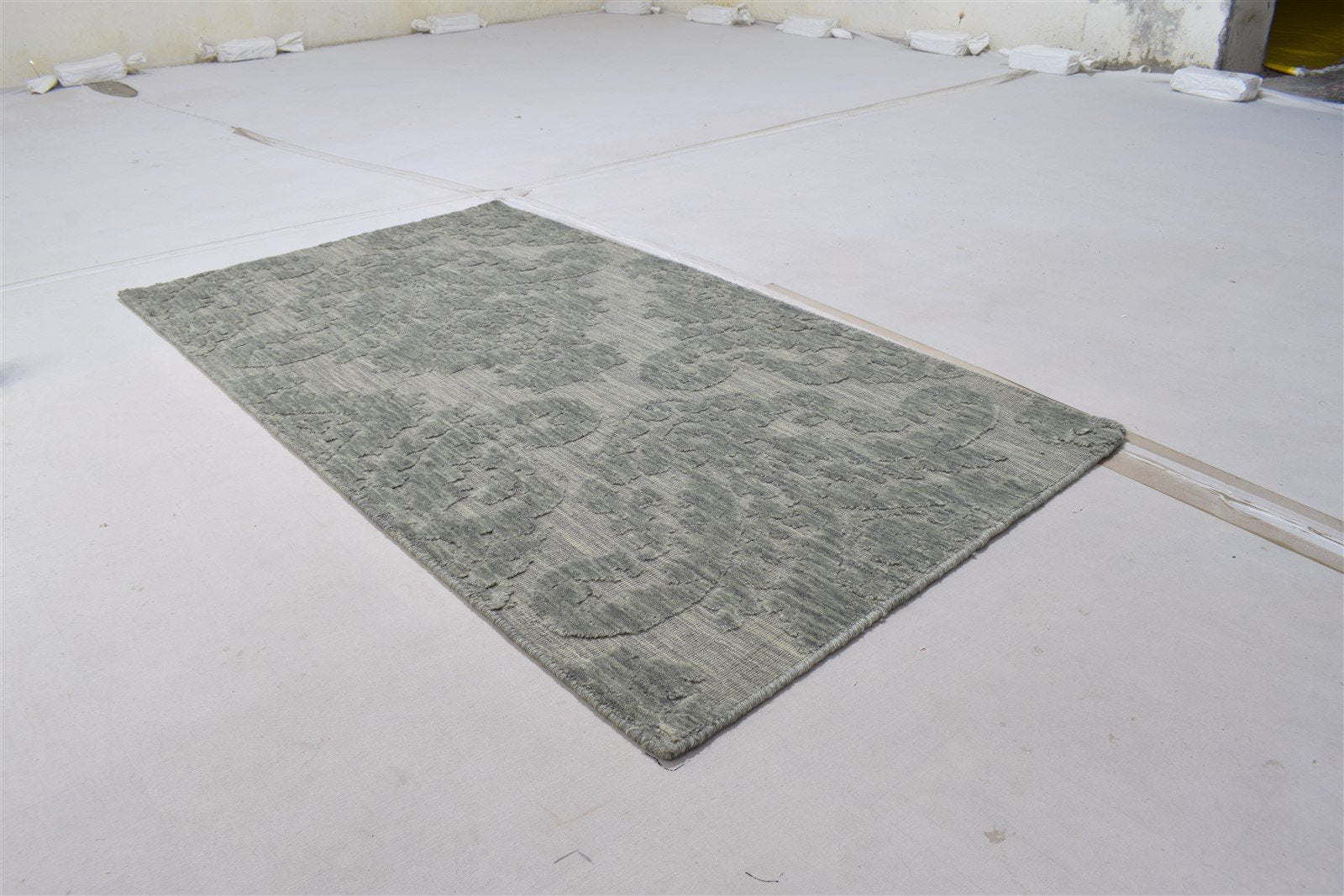 Jacquard Loom Grey Wool Silk Rug 3' X 5' Modern French Damask Small Carpet 