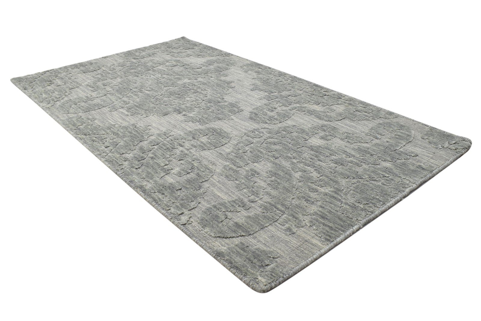 Jacquard Loom Grey Wool Silk Rug 3' X 5' Modern French Damask Small Carpet 